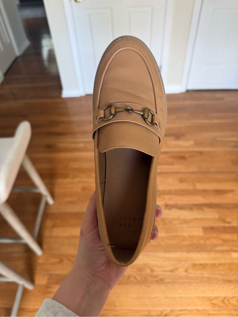 A new day target brand women’s Tan Leather Slip-On Loafers with Gold Horsebit - Picture 3 of 5